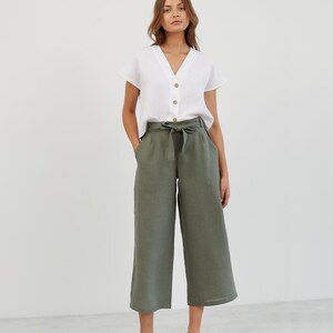 Linen Wide Leg Pants ALLIE / Linen Cropped Pants / Linen Beach Capris / Paperbag Linen Pants - Image 2