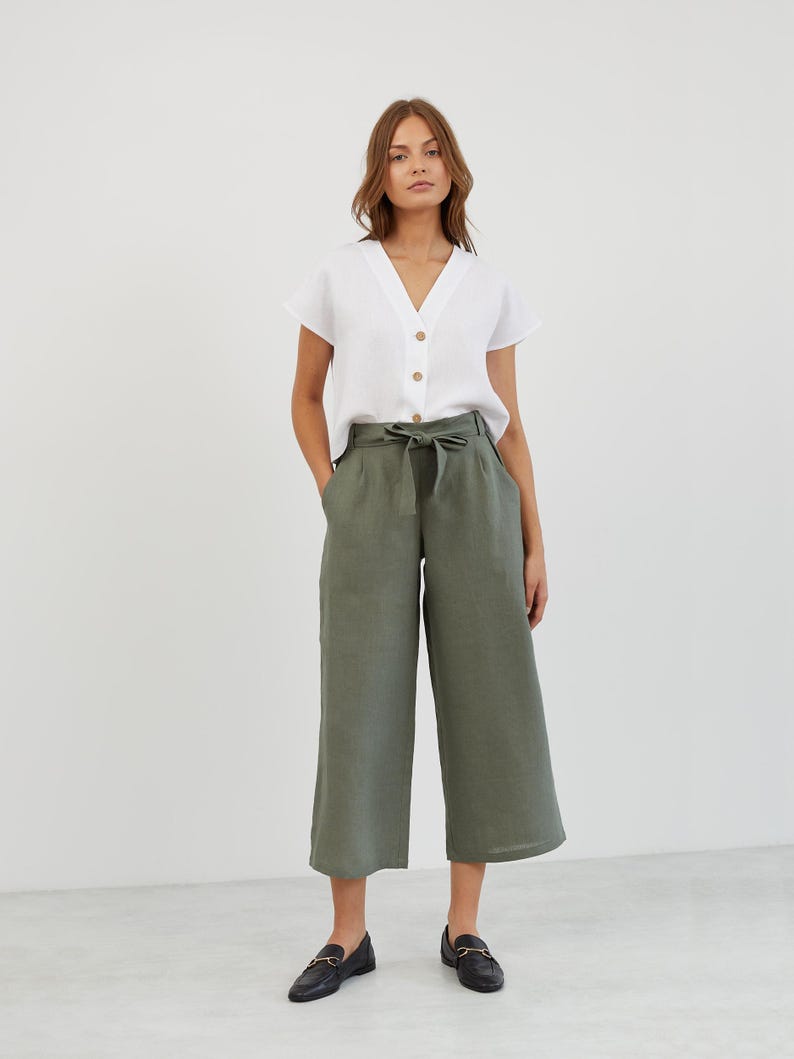 Linen Wide Leg Pants ALLIE / Linen Cropped Pants / Linen Beach Capris / Paperbag Linen Pants - Image 2