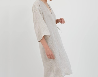 SALE Women's Linen Wrap Dress, V-Neck, Side Tie and Three-Quarter Sleeves | VERONA