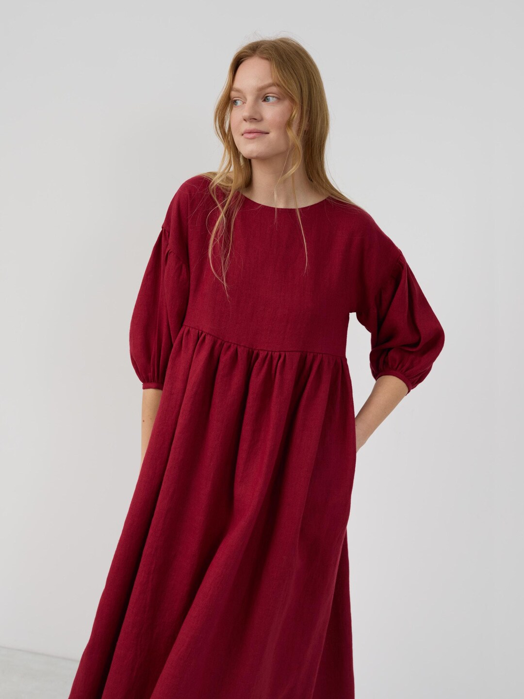 Linen Button Down Midi Dress With Puff Sleeves