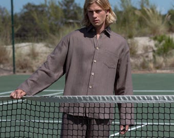 Men’s linen shirt, long sleeve button down, relaxed fit | ALEX