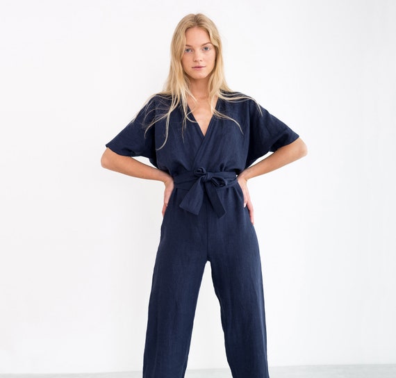 AURORA Linen Jumpsuit / Loose Linen Overalls / Linen Romper With Belt -   Canada