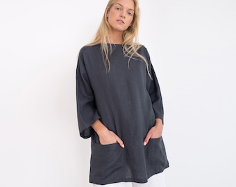 ALEXIS Oversized Linen Tunic Top / Elegant Linen Tunic With Front Pockets / Plus Size Tunic