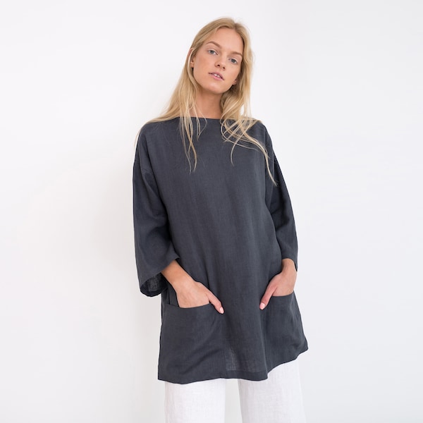ALEXIS Oversized Linen Tunic Top / Elegant Linen Tunic With Front Pockets / Plus Size Tunic