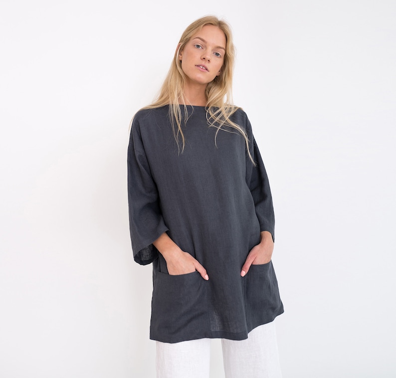 Oversized linen tunic top, dark gray with front pockets, plus size friendly | ALEXIS image 1
