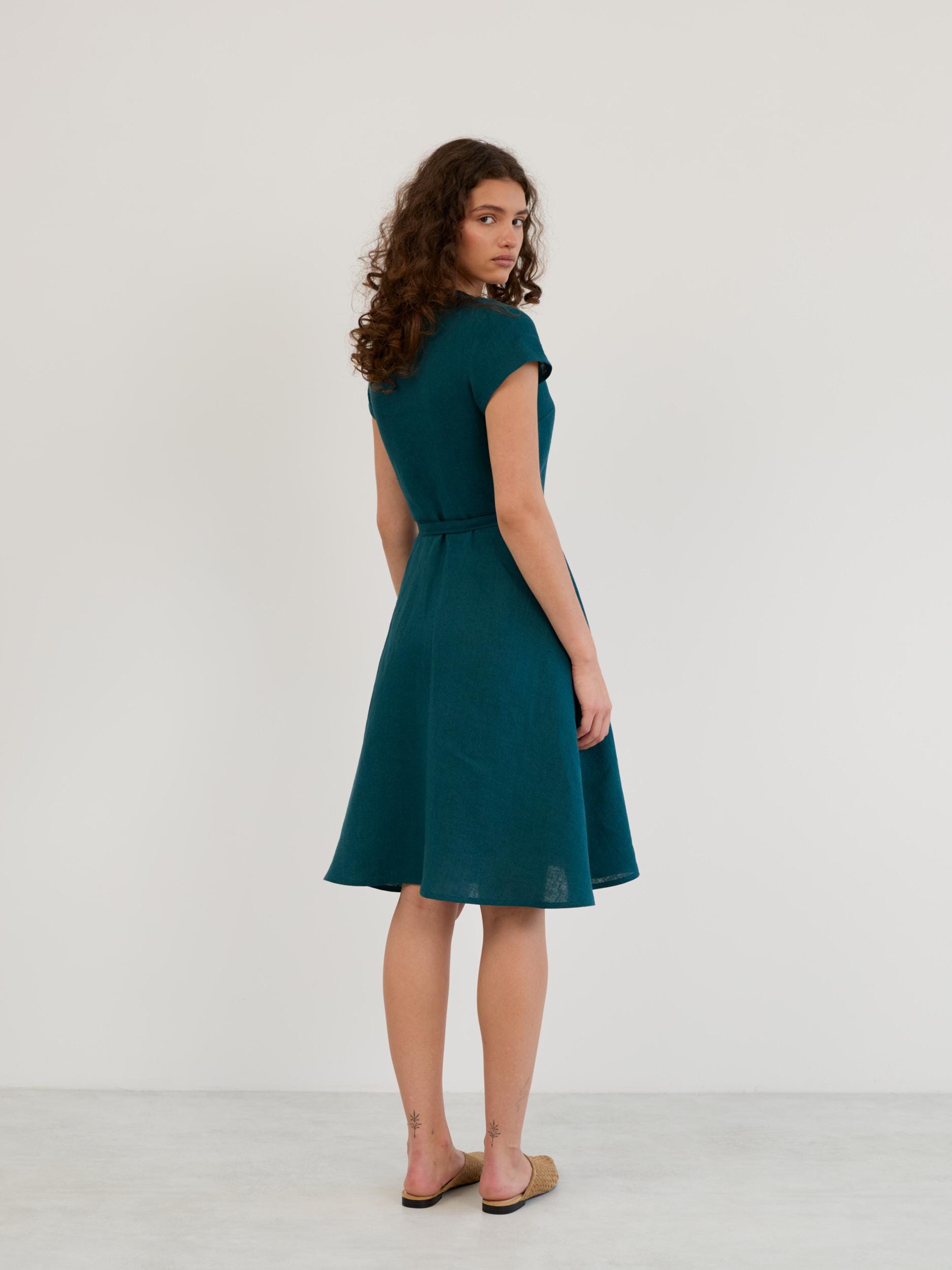 Teal Linen Wrap Dress AYLA with Short Sleeves Tie Waist and Knee Length Teal Linen Wrap Dress AYLA with Short Sleeves Tie Waist and Knee Length
