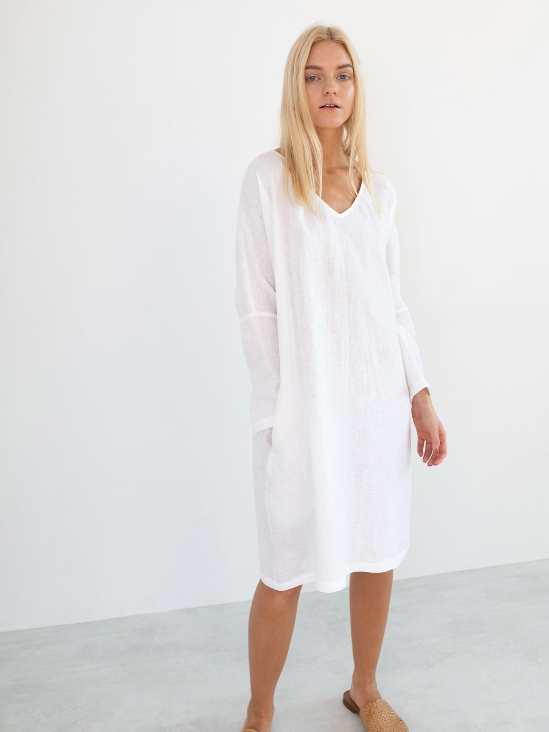 FRIDA White Linen Dress / Long Sleeve Dress With Belt - Etsy