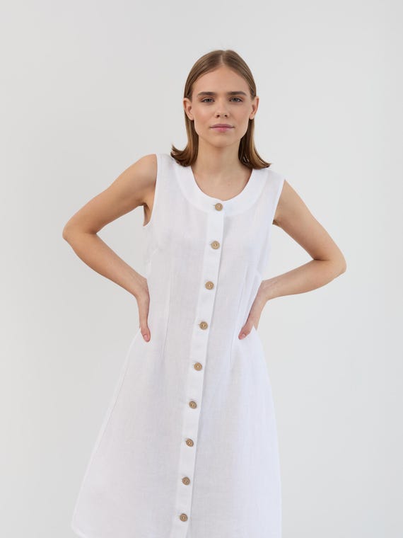 white linen button front dress White Linen Button Front Mini Dress - Shirt Dresses