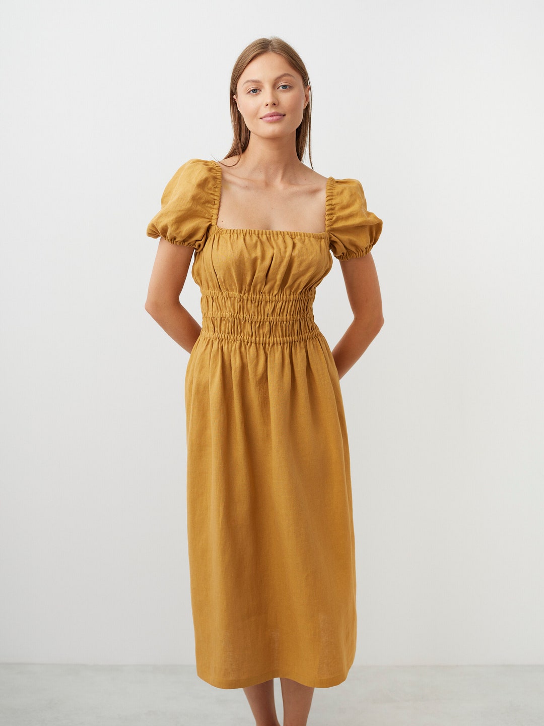 Carmen – Puff Sleeve Linen Midi Dress