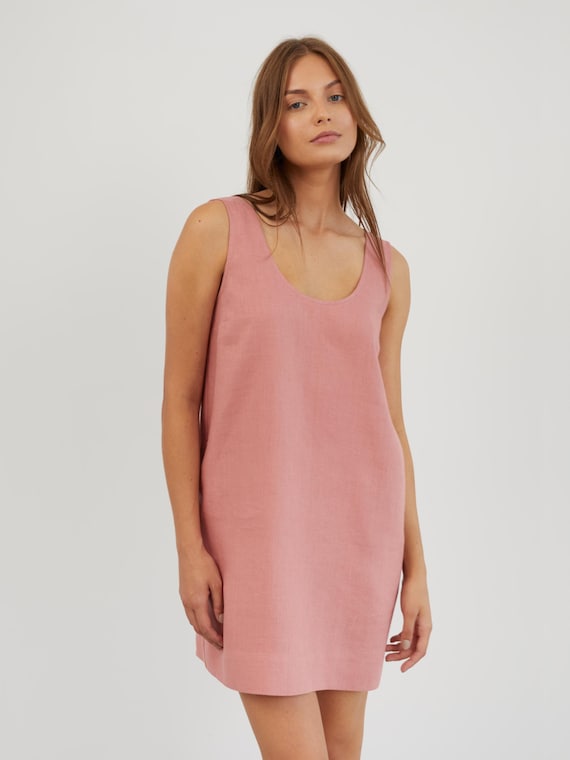 knee length dresses for ladies Dusty Pink Linen Mini Dress With Bead Detail