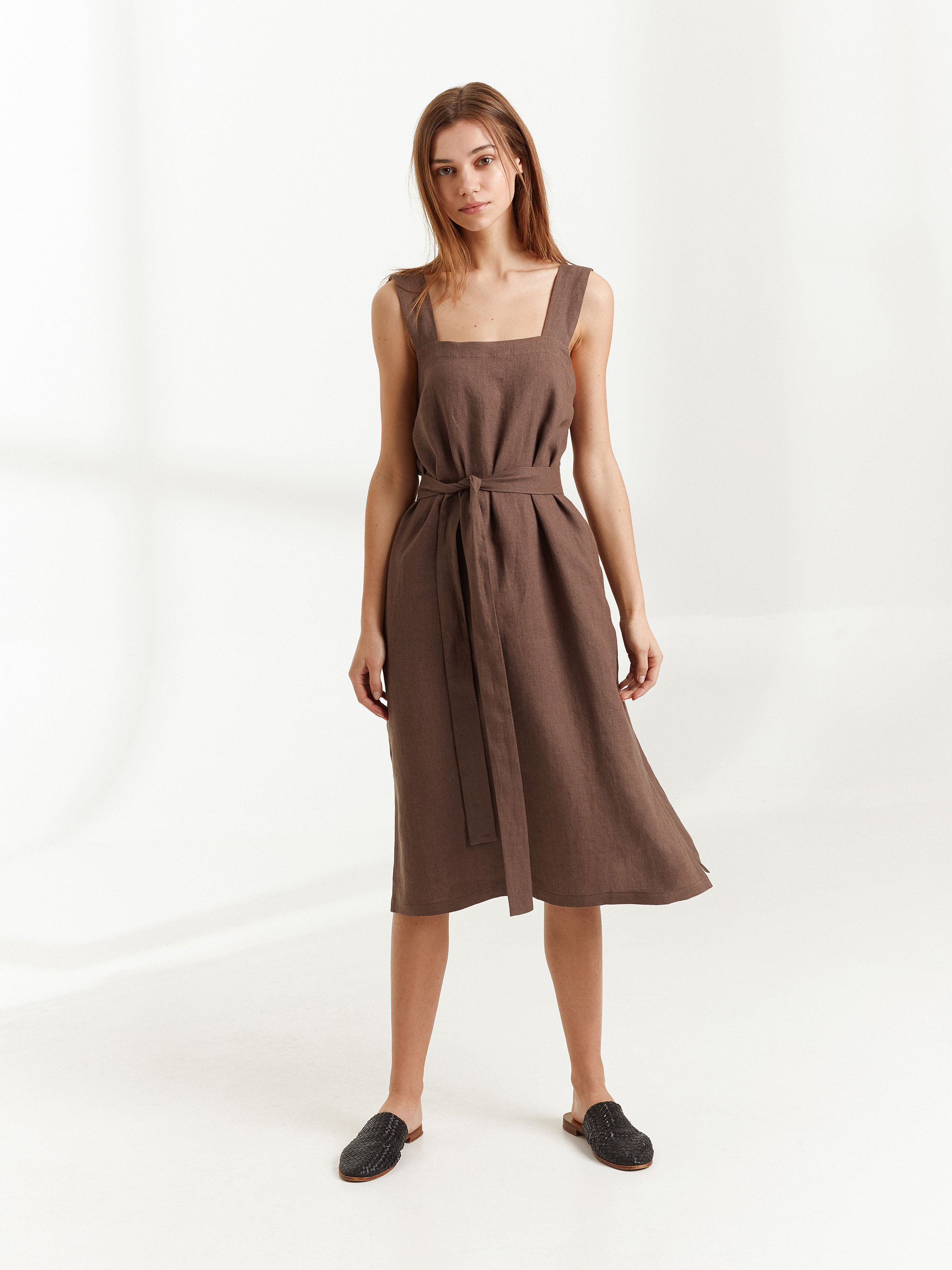 Square Neck Linen Dress ELLIDY, Brown Linen Dress for Women, Handmade