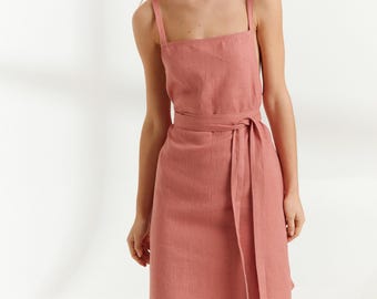 SALE Women's Square Neck Linen Dress, Spaghetti Straps and Tie Belt | MAPLE