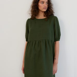 Green Linen Midi Dress ESME / Puff Sleeve Linen Dress / Linen Empire Waist Dress / Relaxed Linen Dress / Loose Linen Dress