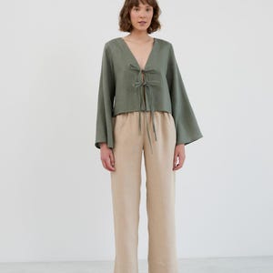 Image 2 of CASSIDY Linen Tie-Front Crop Top in Sage Green from Love and Confuse