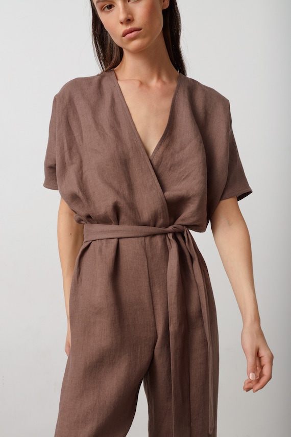 Linen jumpsuit, short sleeve romper with belt | AURORA