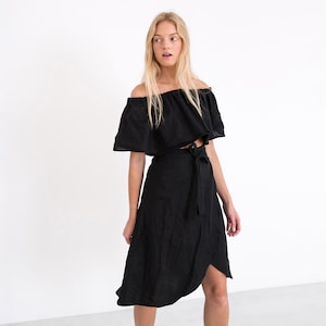 Black linen wrap skirt, midi knee length | MAYA