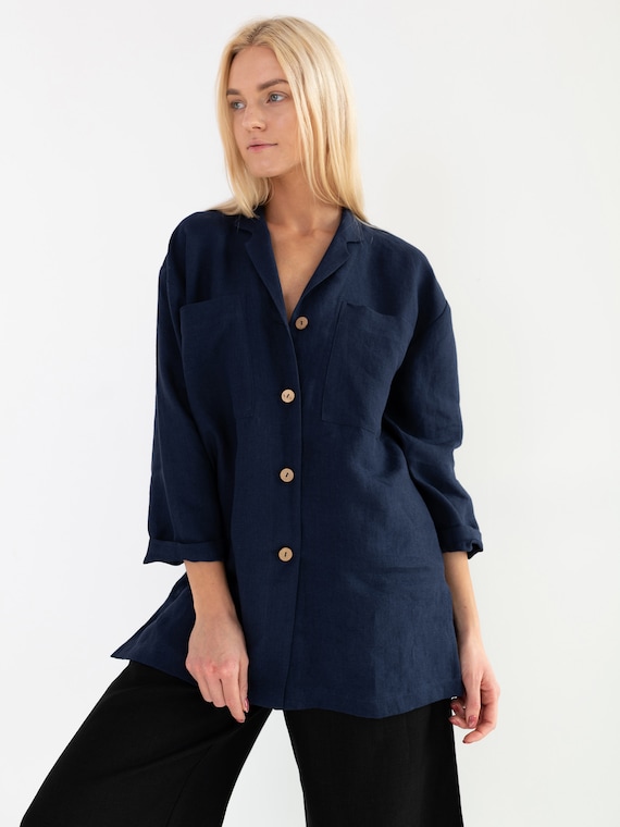 Navy blue linen jacket womens hot sale