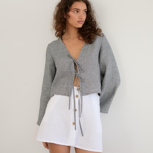 Houndstooth linen crop top, tie front, bell sleeves | CASSIDY