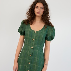 Ready to ship, Linen Midi Dress AURELIA, Puff Sleeve Button Front Linen Dress