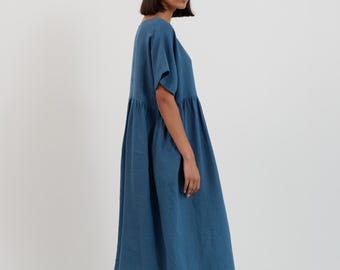 SALE Women's Linen Midi Dress, Scoop Neck, Kimono Sleeves and Gathered Waist | WILLA