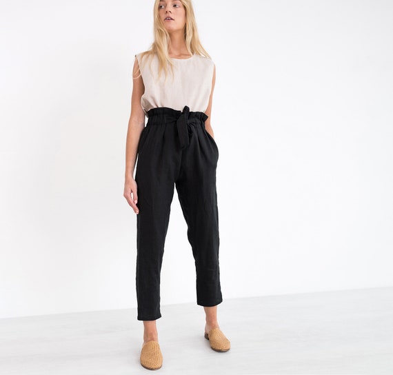 Womens Cream Linen Blend Paper Bag Trousers  Peacocks