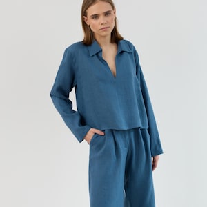 RORY Linen Tunic Top / Long Sleeve Relaxed Fit with Collar / Minimalist Linen Blouse