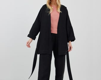 SALE Women's Linen Kimono Jacket, Long Sleeves, Tie Belt and Pockets | MAVIS