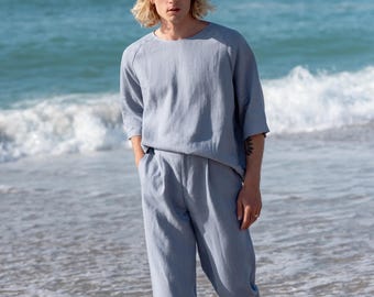 Men’s wide leg linen pants, vista blue, relaxed fit | AUSTIN