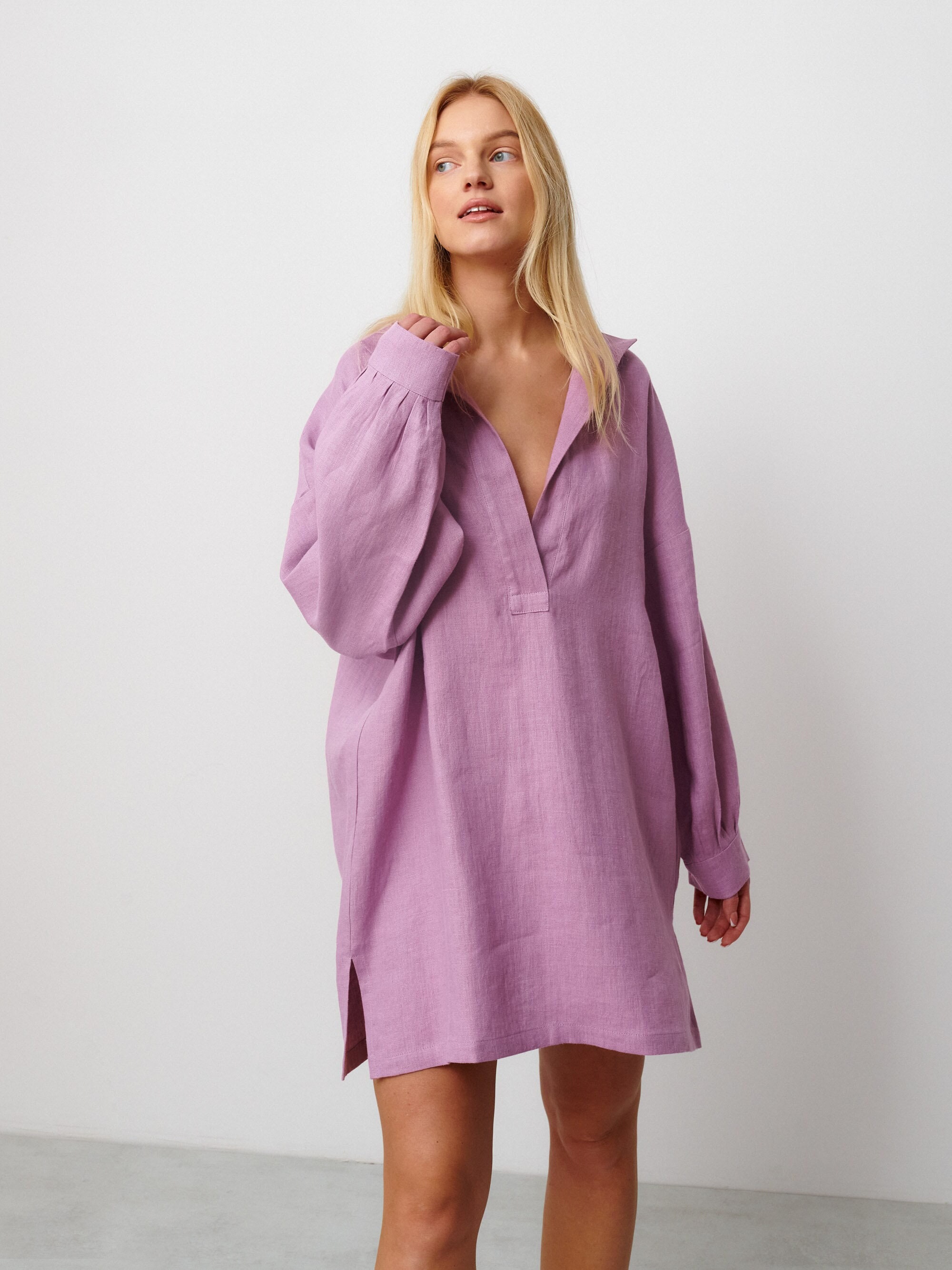 Oversized linen tunic dress, long sleeve shirt dress | SKY