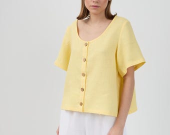 SALE Women's Short Sleeve Linen Blouse, Scoop Neck and Button Front | JEMMA