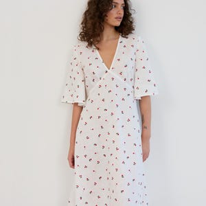 White Linen Midi Dress VIVIEN with Short Bell Sleeves and V-Neckline in Cherry Print