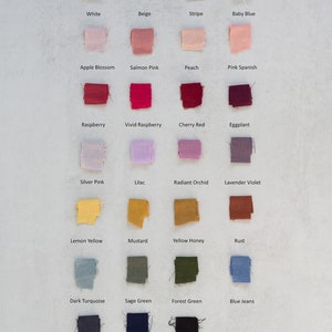 May include: Swatch card with 24 fabric samples in various colors and textures, including white, beige, stripe, baby blue, apple blossom, salmon pink, peach, pink Spanish, raspberry, vivid raspberry, cherry red, eggplant, silver pink, lilac, radiant orchid, lavender violet, lemon yellow, mustard, yellow honey, rust, dark turquoise, sage green, forest green, blue jeans, dark grey, navy blue, and black.