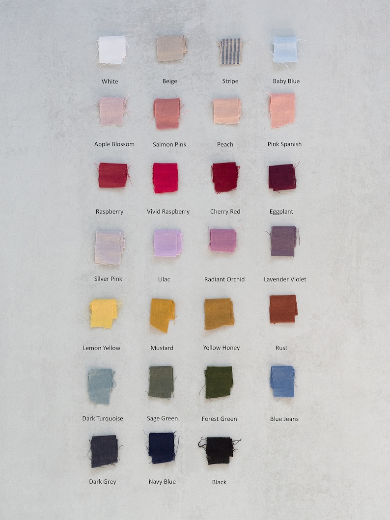 May include: Swatch card with 24 fabric samples in various colors and textures, including white, beige, stripe, baby blue, apple blossom, salmon pink, peach, pink Spanish, raspberry, vivid raspberry, cherry red, eggplant, silver pink, lilac, radiant orchid, lavender violet, lemon yellow, mustard, yellow honey, rust, dark turquoise, sage green, forest green, blue jeans, dark grey, navy blue, and black.