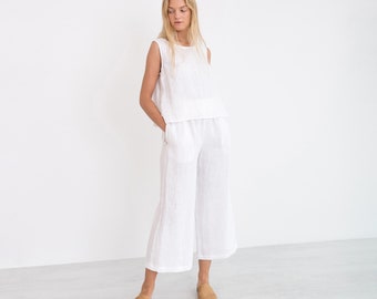 RILEY Linen Culottes / Wide Leg Linen Pants / Palazzo Pants / High Waist Linen Trousers / White