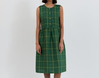 SALE Women's Sleeveless Linen Midi Dress, Snap Front, Back Tie and Pockets | FERN