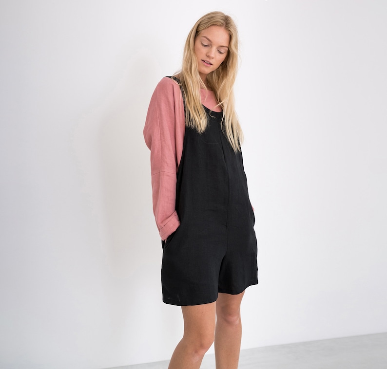 RIVER Linen Overalls Short Black / Linen Jumpsuit / Linen Dungarees / Linen Romper 