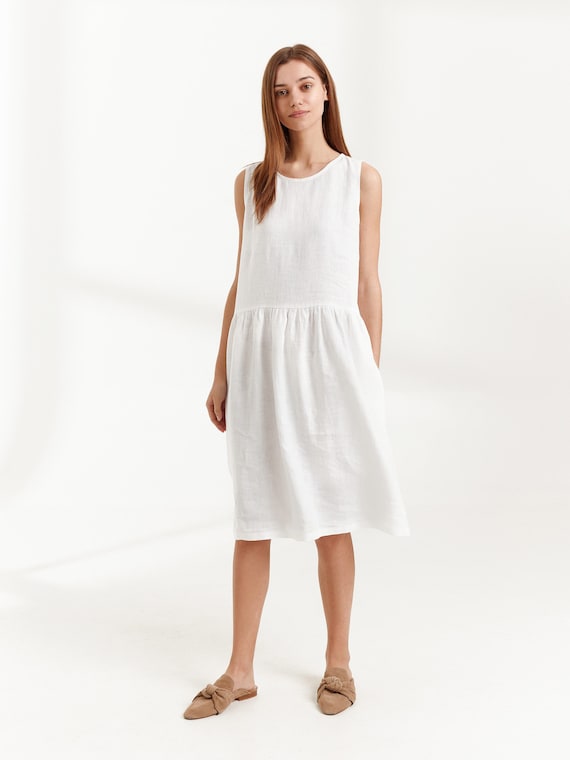 White Linen Dress Elsa, Sleeveless Summer Midi Dress, Handmade Clothing for Women