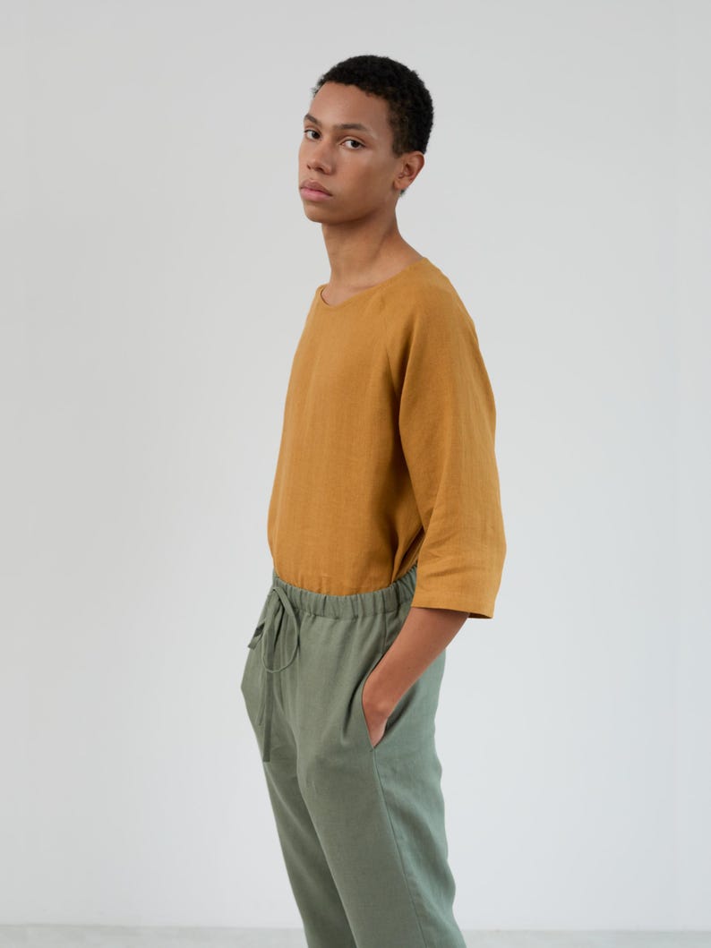 Image 4 of Mens Linen Drawstring Pants DOMINIC, Relaxed Fit Casual Trousers for Summer, Beach Resort Wear Slacks in "Sage Green" by LAC