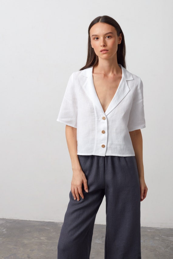 Short-sleeve linen shirt, collared button-up, white, handmade | RAY