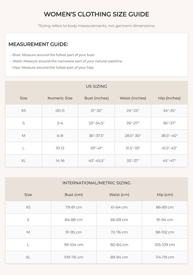 Women Size Chart Combined