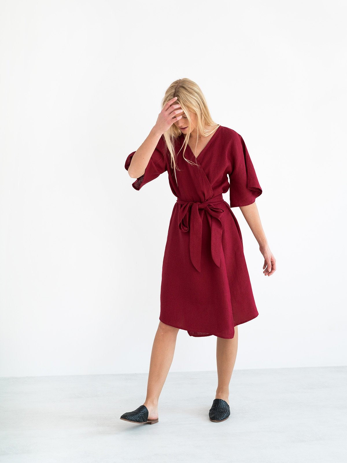 MARY Linen Wrap Dress / Midi Kimono Robe / Cherry Red / Handmade - Etsy  Ireland