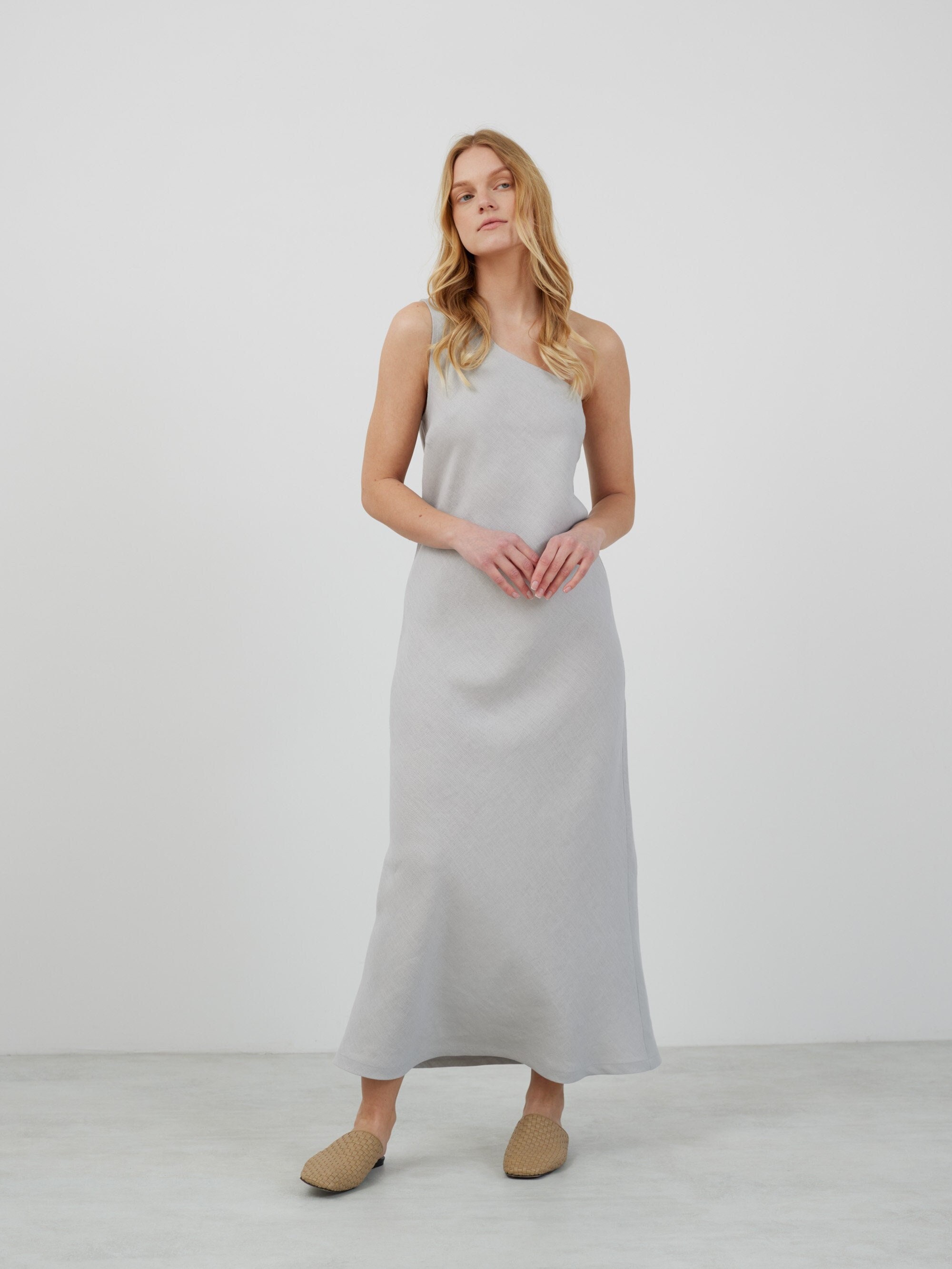 sisters angelina asymmetric draped one shoulder maxi dress Linen Dress, Bias Cut Gown | MGNY Madeline Gardner New 46 Perfect for any occasion Color:Lemon
