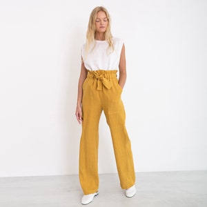 JULIET Wide Leg Linen Pants / Elegant High Waisted Linen Pants With Pockets / Linen Trousers / Paper Bag Waist Pants