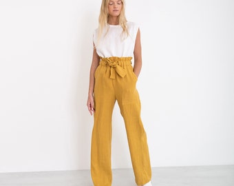 JULIET Wide Leg Linen Pants / Elegant High Waisted Linen Pants With Pockets / Linen Trousers / Paper Bag Waist Pants