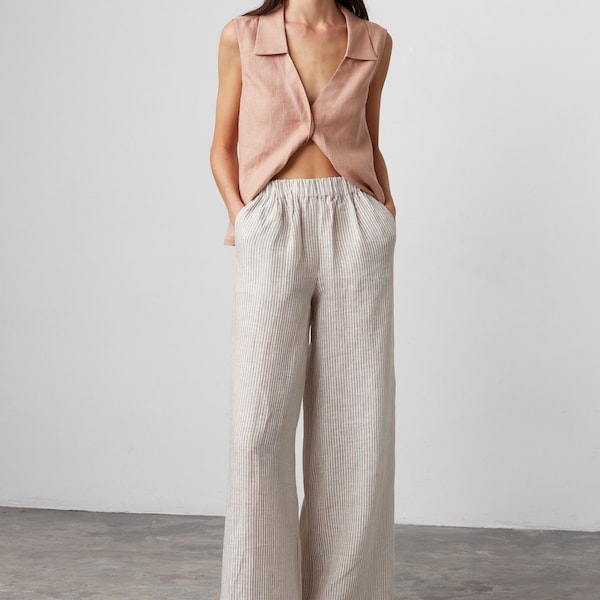 PEARL Wide Leg Linen Pants / Elastic Waist Flowy Trousers / High Waist Palazzo