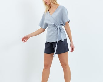 SALE Women's Short Sleeve Linen Wrap Top, V Neck and Side Tie | EVIE