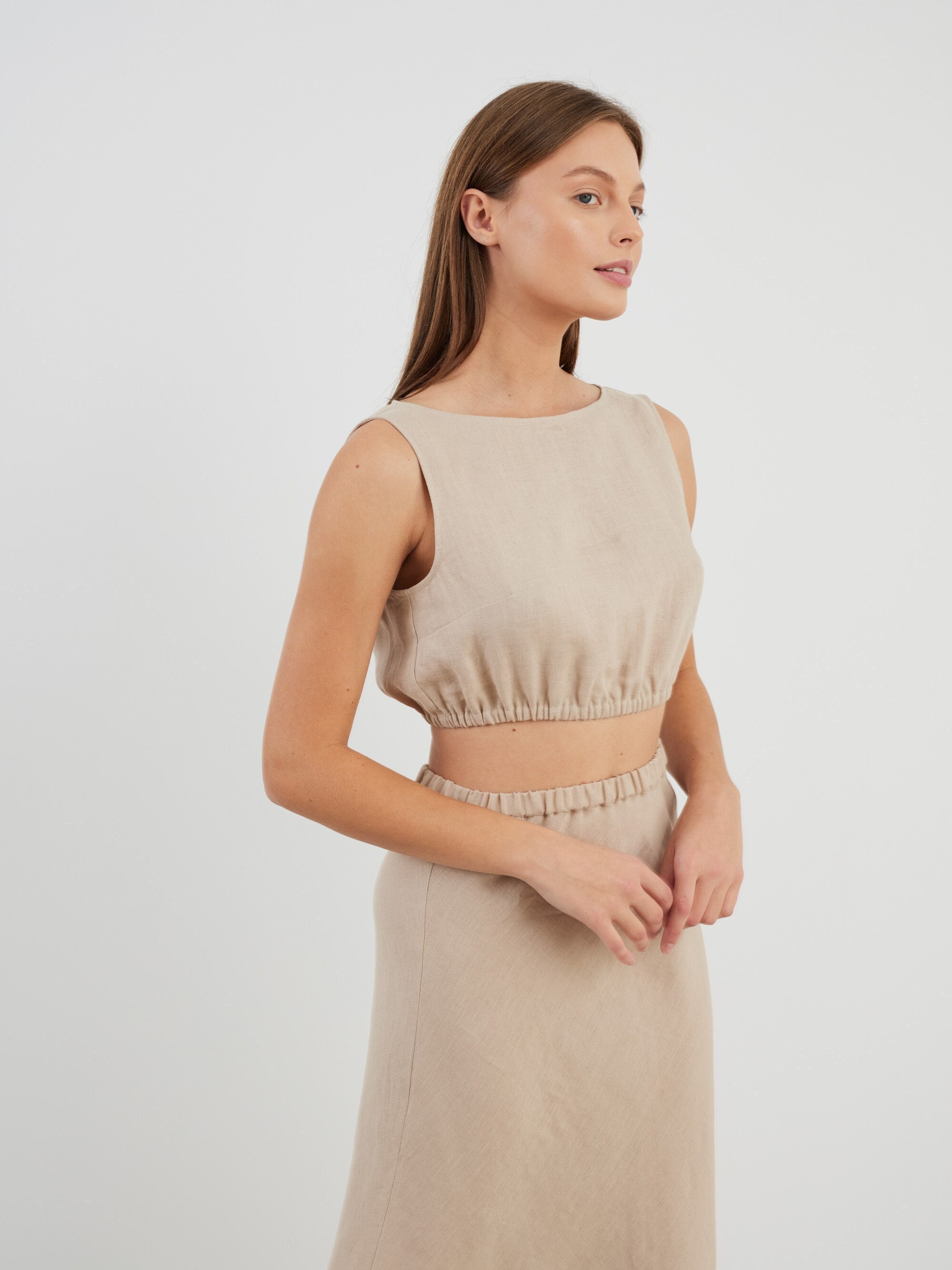 Linen crop tank top, sleeveless beige blouse | ETHNA