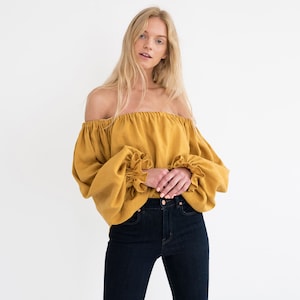ALICE Off The Shoulder Linen Top / Long Sleeve Linen Blouse / Linen Loose Fit Top