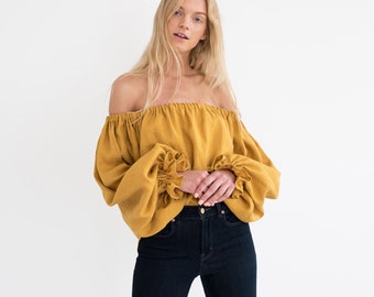 ALICE Off The Shoulder Linen Top / Long Sleeve Linen Blouse / Linen Loose Fit Top