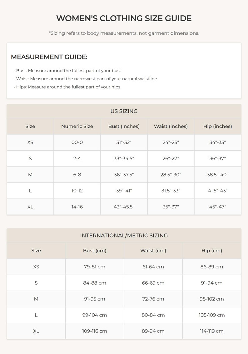 Women Size Chart Combined